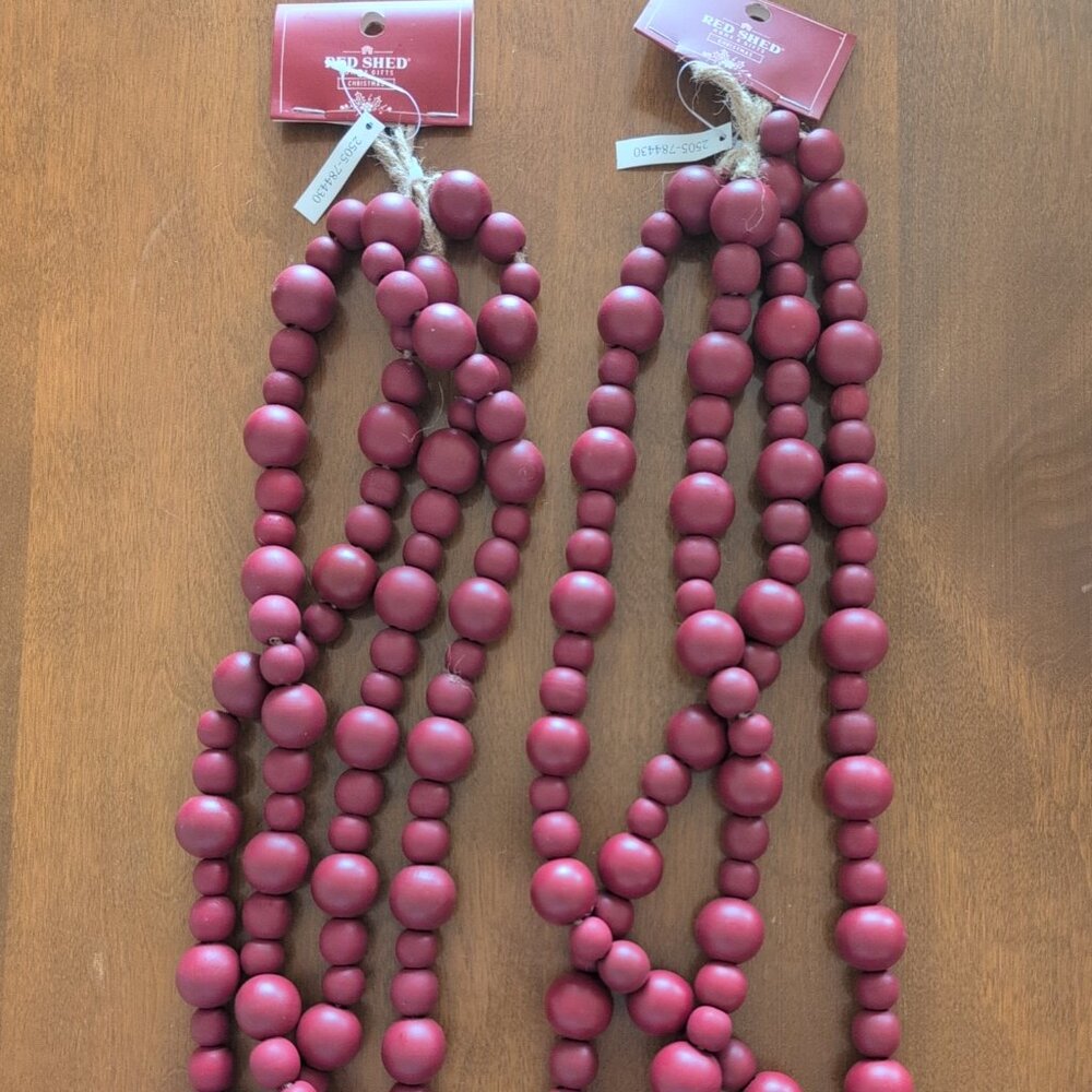 NWT Red Shed Home & Gifts Red Wood Beaded Garland 12 Feet (2, 6' Strands)